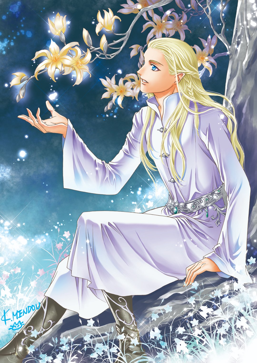 1boy belt blonde_hair blue_eyes boots braid from_side hand_up highres kazuki-mendou legolas long_hair male_focus parted_lips pointy_ears robe signature solo the_lord_of_the_rings tolkien's_legendarium tree