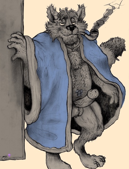 anthro bathrobe bottomless bug_chasing canid canine clothed clothing daddy_kink fox hairy hiv looking_at_viewer male mammal poz robe slightly_chubby smoking smoking_pipe solo yagi_b._(artist)