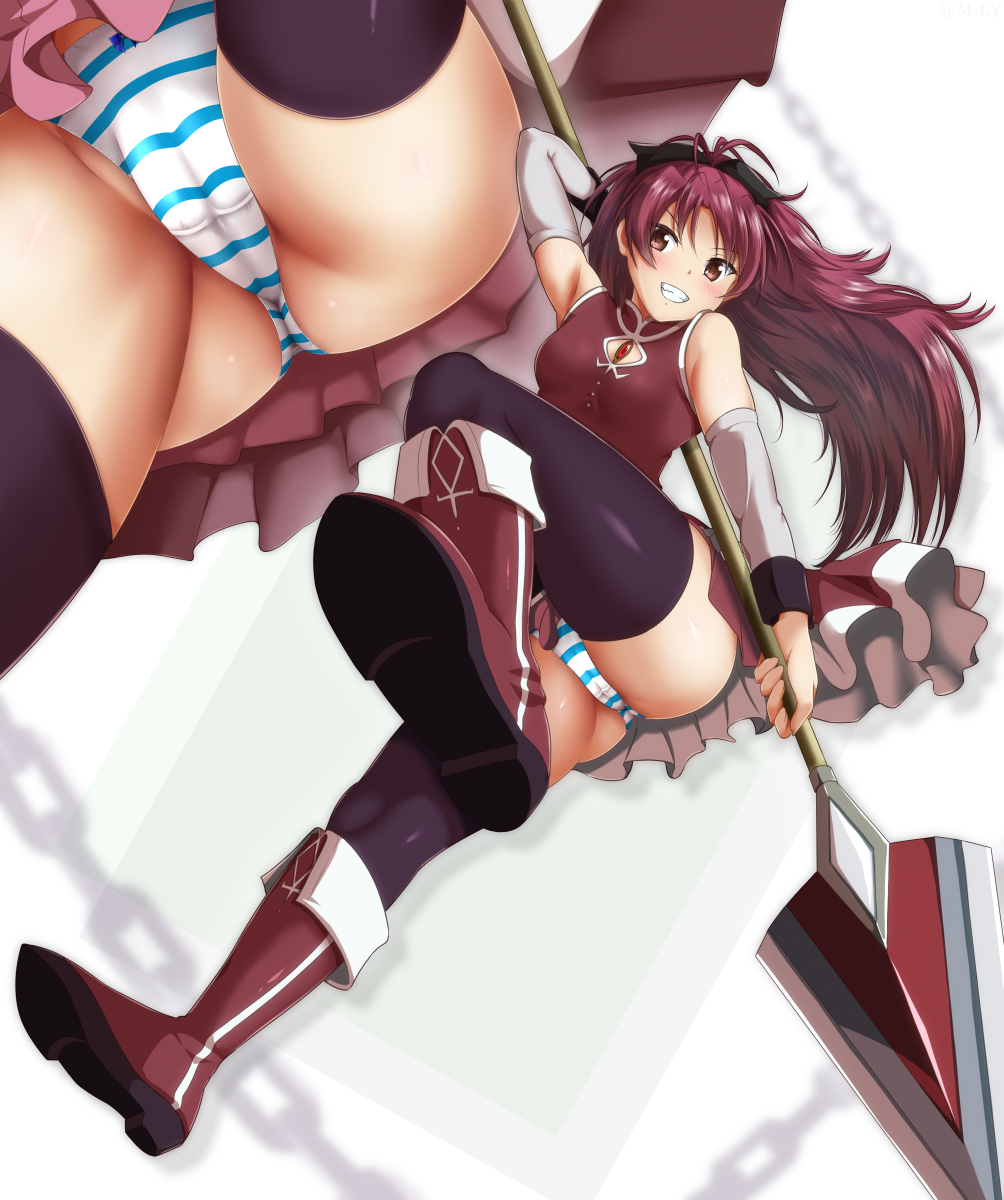 1girl ass bare_shoulders black_legwear boots detached_sleeves highres holding holding_polearm holding_weapon long_hair m.i.y magical_girl mahou_shoujo_madoka_magica panties pantyshot polearm ponytail red_eyes red_hair sakura_kyouko spear striped striped_panties thighhighs thighs underwear weapon