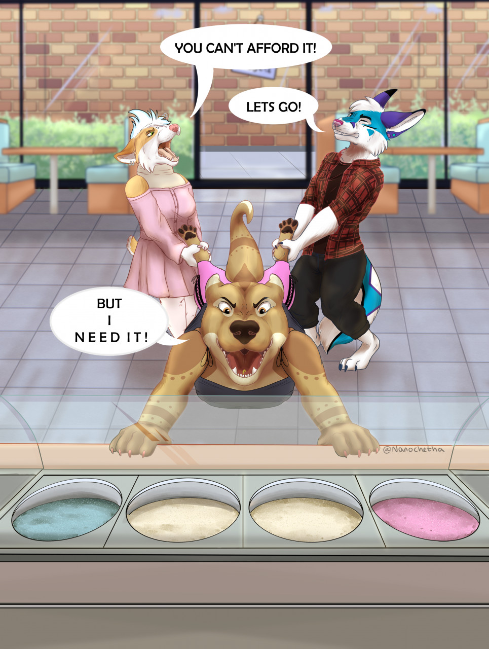 action_pose addison_rodgers addy_otter anthro bailey_sweet canid canine canis clothed clothing colored_nails dessert determined digger_folf domestic_dog dress ear_piercing ear_ring eyes_closed female food group herding_dog hi_res hybrid ice_cream leg_pull lutrine male mammal mustelid nails nanochetha pastoral_dog piercing pose public ring_piercing speech_bubble spread_legs spreading store tongue tongue_piercing trio welsh_corgi