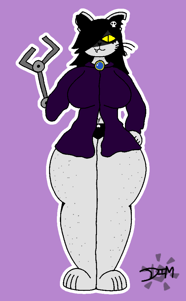 anthro clothed clothing dimsun domestic_cat felid feline felis female goth hair hair_over_eye mammal one_eye_obstructed partially_clothed prosthetic prosthetic_limb scar solo thick_thighs yellow_sclera