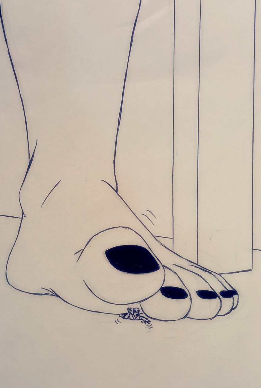 anthro bredlaybagordh duo feet female foot_crush hi_res human macro male mammal micro nails olannah toenails toes traditional_media_(artwork)