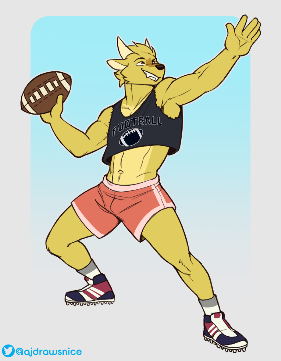 ajdrawsnice anthro ball bottomwear cervid cervine cleats clothing crop_top dj_strap fangs football_(ball) footwear fur horn male mammal midriff muntjac shirt shorts socks solo text text_on_clothing text_on_topwear topwear yellow_body yellow_fur