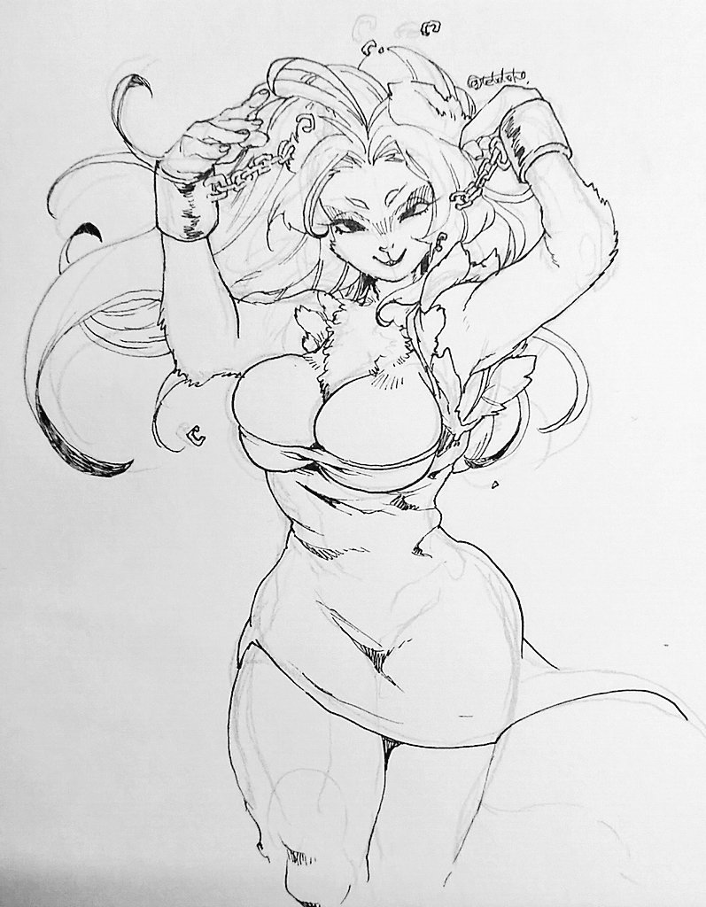 2017 anthro big_breasts biped breasts chain chest_tuft cleavage clothed clothing cuff_(restraint) dress female fur fur_tuft giant_panda hair hair_intakes humanoid_hands kemono long_hair mammal monochrome restraints shackles sharp_teeth shoronpo simple_background smile solo teeth teteteko torn_clothing torn_dress traditional_media_(artwork) tuft ursid