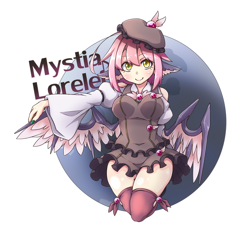 1girl animal_ears bird_ears bird_wings blush breasts brown_dress brown_headwear brown_legwear character_name closed_mouth covered_navel dress earlgrey eighth_note fingernails green_nails hair_between_eyes juliet_sleeves large_breasts long_sleeves musical_note mystia_lorelei nail_polish pink_hair pink_wings puffy_sleeves sharp_fingernails short_hair smile solo thighhighs touhou transparent_background wide_sleeves winged_hat wings yellow_eyes