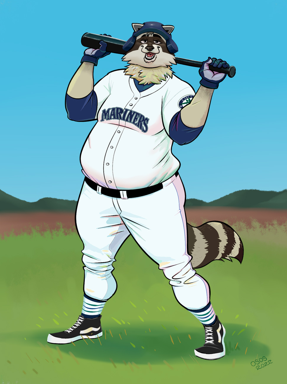 2022 anthro baseball_(sport) baseball_bat baseball_cap baseball_uniform bat_(object) belly bottomwear clothing hat headgear headwear hi_res humanoid_hands male mammal osos outside overweight overweight_male pants procyonid raccoon shirt solo sport sportswear topwear uniform