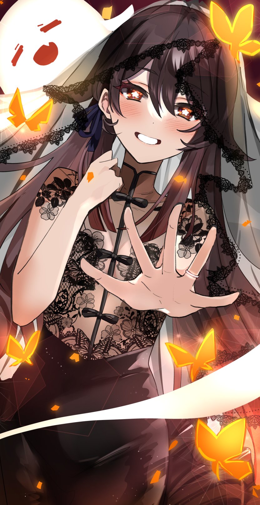 1girl black_dress blush breasts bridal_veil brown_hair bug butterfly closed_eyes dress fang floral_print genshin_impact ghost half-closed_eyes highres hu_tao_(genshin_impact) jewelry long_hair looking_at_viewer open_mouth outstretched_hand reaching_out red_eyes ring shinsekki small_breasts smile solo symbol-shaped_pupils teeth twintails veil very_long_hair wedding_dress wedding_ring
