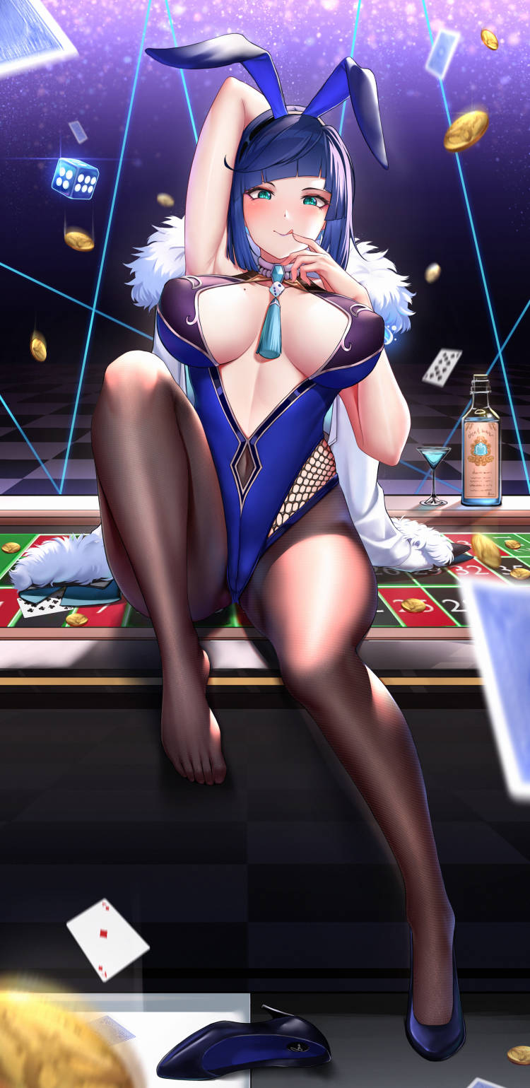 1girl alcohol animal_ears arm_behind_head armpits bangs black_hair black_legwear blackjack_table blue_footwear blue_hair blue_leotard bob_cut breasts breasts_apart card center_opening closed_mouth covered_nipples diagonal_bangs dice fake_animal_ears feather-trimmed_jacket genshin_impact glass green_eyes high_heels highres jacket jacket_on_shoulders knee_up large_breasts leotard licking licking_finger mole mole_on_breast multicolored_hair neck_tassel pantyhose playboy_bunny rabbit_ears shoe_removed short_hair sitting sitting_on_table sky_wbo smile solo toes tongue tongue_out two-tone_hair white_jacket yelan_(genshin_impact)