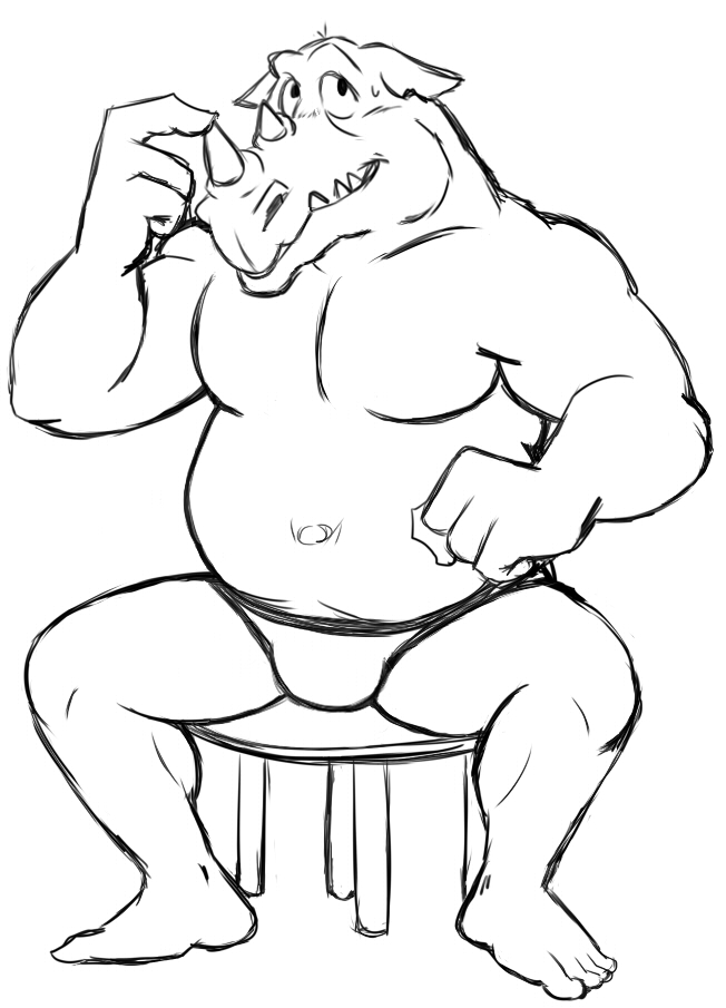 anthro black_and_white briefs_only clothed clothing furniture hand_on_horn horn male mammal monochrome musclegut navel rhinocerotoid rocksteady simple_background sitting sketch solo stool teenage_mutant_ninja_turtles teeth_showing thegreatmatsutzu underwear underwear_only white_background