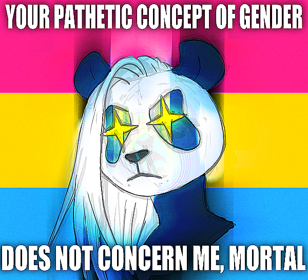 ambiguous_gender anthro compression_artifacts english_text flag frown frowning_at_viewer fur giant_panda glowing glowing_eyes hair lgbt_pride long_hair mammal meme pansexual_pride_colors pride_color_flag pride_colors simple_background solo tasanko text ursid white_body white_fur white_hair