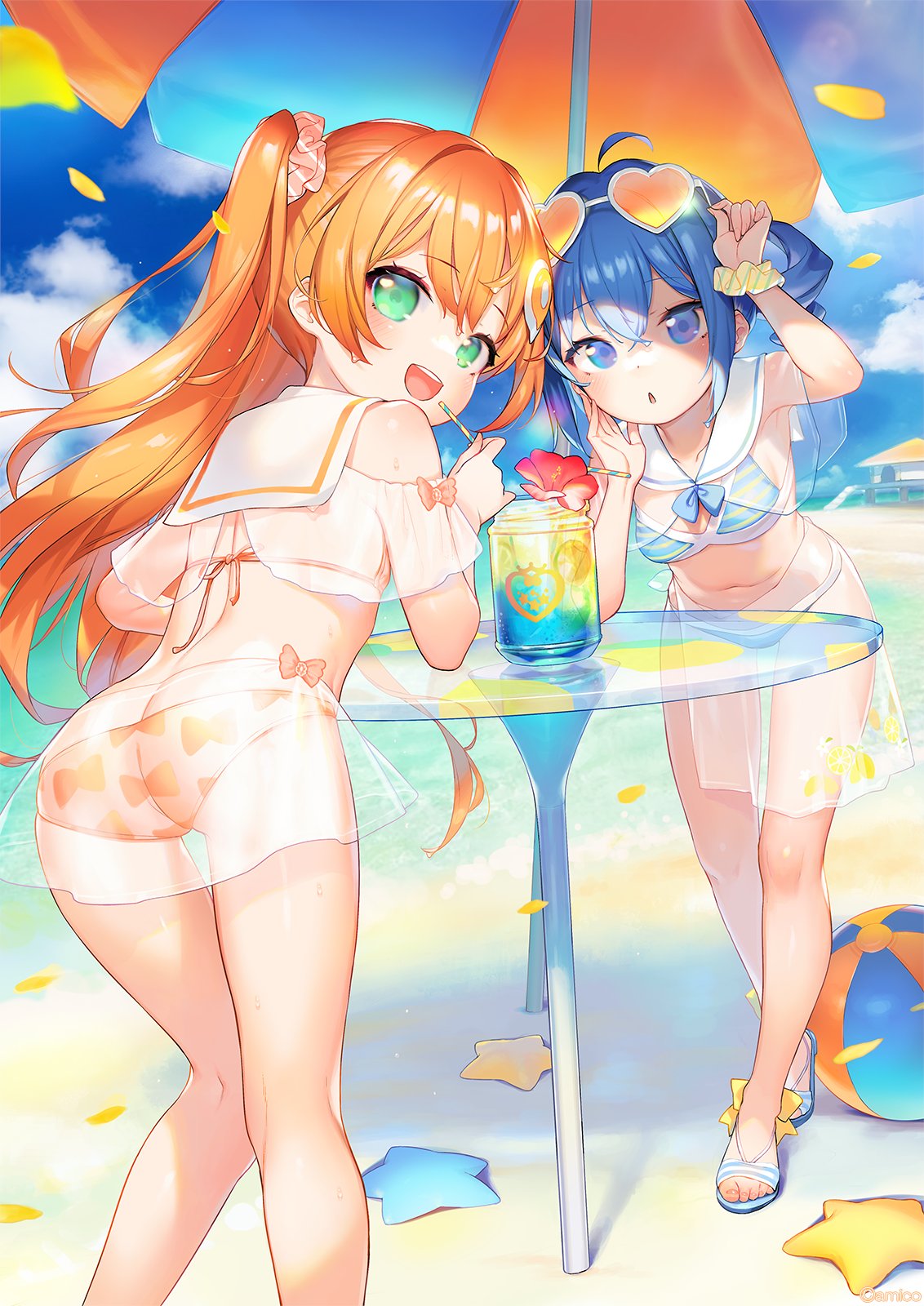 2girls :d ahoge amiami_(company) amico arm_up ass ball bangs beach beach_umbrella beachball bikini blue_eyes blue_hair blue_sky blush breasts cloud cloudy_sky collarbone commentary_request crossed_bangs detached_collar drinking_straw eyelashes eyewear_on_head feet_out_of_frame from_behind full_body green_eyes hair_ornament hair_scrunchie henreader highres kneepits leaning_forward legs lilco logo_hair_ornament long_hair looking_at_viewer looking_back medium_breasts multiple_girls navel off-shoulder_bikini off_shoulder official_art open_mouth orange_hair outdoors print_bikini sailor_collar sandals scrunchie see-through shiny shiny_hair shiny_skin sidelocks sky smile starfish striped striped_bikini swimsuit table teeth thighs toes twintails two_side_up umbrella upper_teeth water