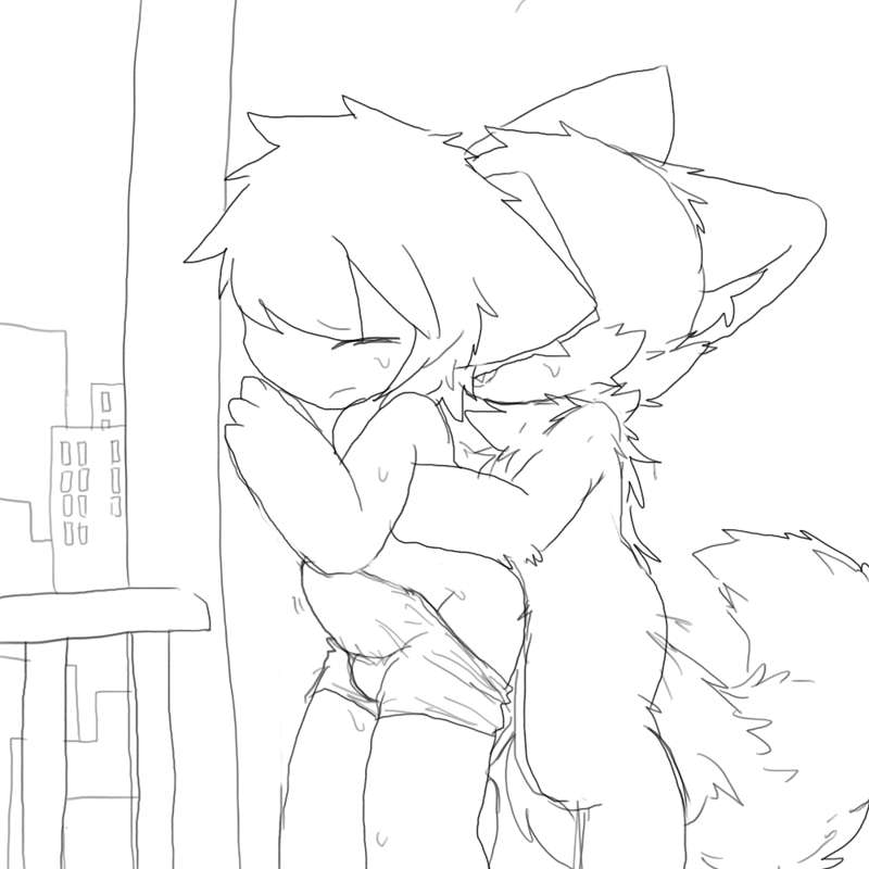 anthro bodily_fluids bottomwear bottomwear_down building changed_(video_game) chest_tuft clothed clothing dazed_(video_game) duo embrace fluffy fluffy_tail furry hug hugging_from_behind human lin_(changed) male mammal not_furry on_wall pants pants_down partially_clothed sweat tuft
