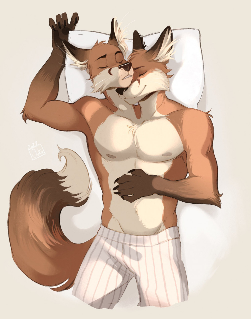 anthro bed boxers_(clothing) canid canine clothing conjoined duo fox furniture hand_on_stomach hi_res lying male male/male mammal multi_head on_back oukaarts pillow sleeping underwear