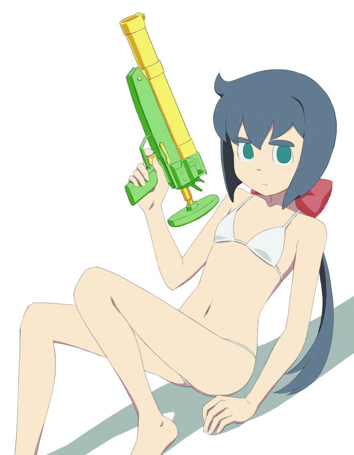 1girl ahoge arm_support bangs bare_shoulders barefoot bikini blue_hair bow breasts closed_mouth collarbone constanze_amalie_von_braunschbank-albrechtsberger empty_eyes feet_out_of_frame finger_on_trigger green_eyes hair_between_eyes hair_bow hair_ornament hand_up holding holding_water_gun light_frown little_witch_academia long_hair looking_at_viewer low_ponytail navel red_bow satochi sidelocks simple_background sitting small_breasts solo straight_hair string_bikini swimsuit thick_eyebrows very_long_hair water_gun white_background white_bikini