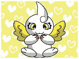 &lt;3 :3 ahoge ambiguous_gender bandai_namco biped colored digimon digimon_(species) digital_media_(artwork) eyelashes feathered_wings feathers feral flipnote_studio_3d hair hand_on_face heart_pattern_background kyupimon low_res luckypanda pattern_background pixel_(artwork) pixelated pseudo_hair pseudo_horn shaded simple_background solo solo_focus spread_wings white_body wings yellow_background yellow_eyes yellow_wings