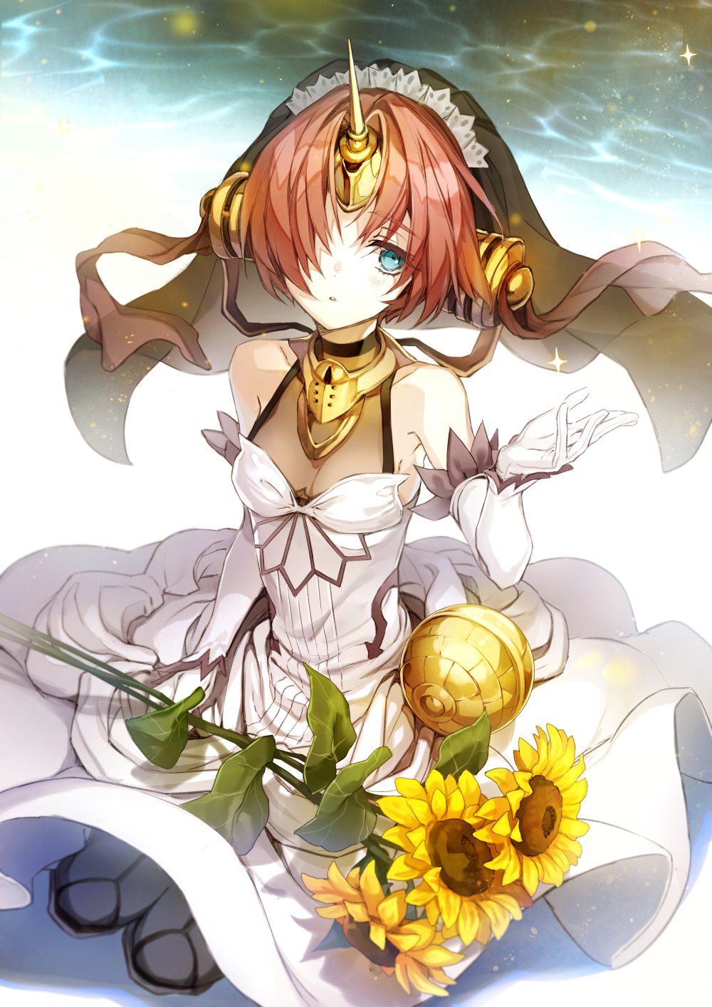 1girl bare_shoulders beach blue_eyes blush breasts cocorip double_bun dress elbow_gloves fate/grand_order fate_(series) flower frankenstein's_monster_(fate) gloves hair_ornament hair_over_eyes hair_over_one_eye hand_up headgear highres horn looking_at_viewer medium_breasts ocean parted_lips pink_hair sand short_hair solo sparkle sunflower veil white_dress white_gloves