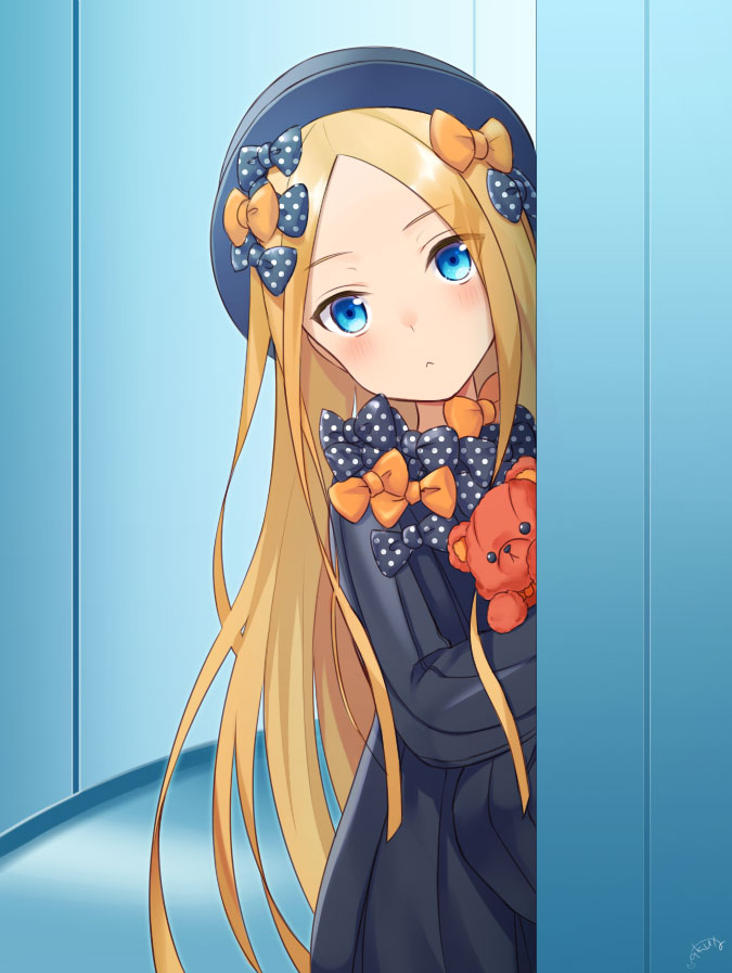 1girl abigail_williams_(fate/grand_order) bangs black_bow black_dress black_hat blonde_hair blue_eyes blush bow closed_mouth dress fate/grand_order fate_(series) forehead hair_bow hat holding holding_stuffed_animal long_hair long_sleeves looking_at_viewer orange_bow parted_bangs polka_dot polka_dot_bow ribbed_dress saki_usagi solo stuffed_animal stuffed_toy teddy_bear