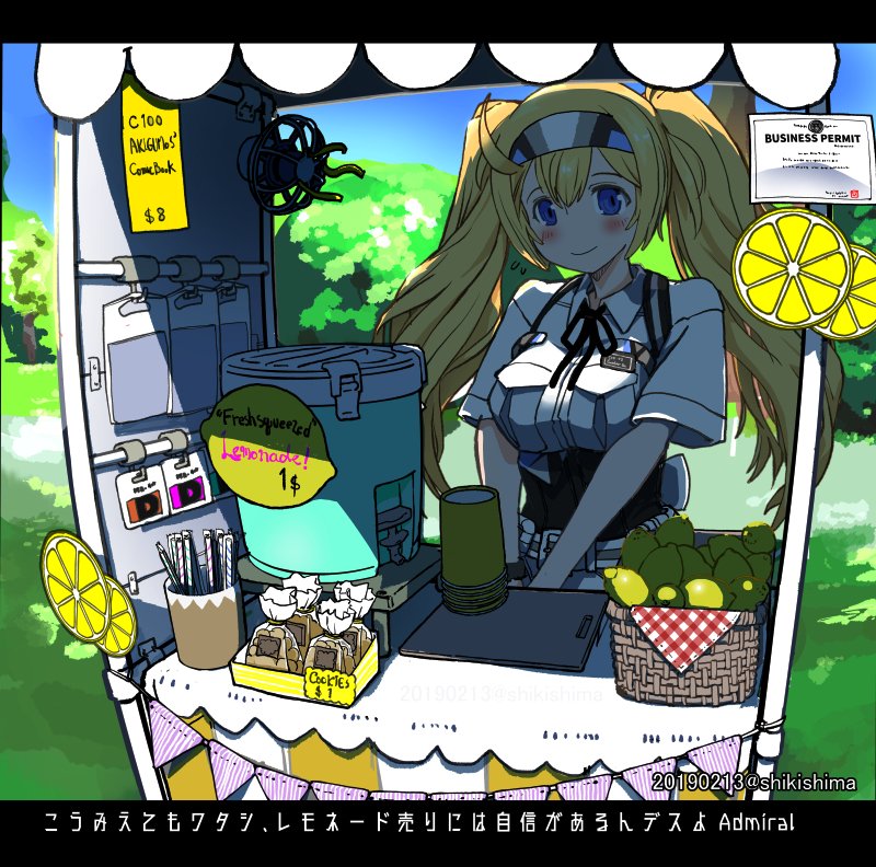 1girl adapted_costume basket blonde_hair blue_eyes collared_shirt commentary_request cooler corset cup dated disposable_cup english_text food fruit gambier_bay_(kantai_collection) hairband hands_together kantai_collection kiosk lemon lemonade looking_at_viewer shikishima_fugen shirt smile solo straw translation_request twintails twitter_username upper_body white_shirt