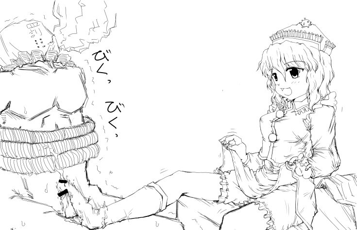 artist_request breasts cum ejaculation footjob greyscale hat merlin_prismriver monochrome penis small_breasts socks solo_focus touhou