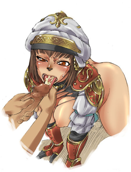 all_fours bottomless breasts brown_hair cum cum_in_mouth cum_on_tongue ejaculation fellatio final_fantasy final_fantasy_xi gauntlets hat large_breasts mihli_aliapoh mithra non-web_source oral penis short_hair solo_focus sweat tomotsuka_haruomi tongue tongue_grab tongue_out torn_clothes