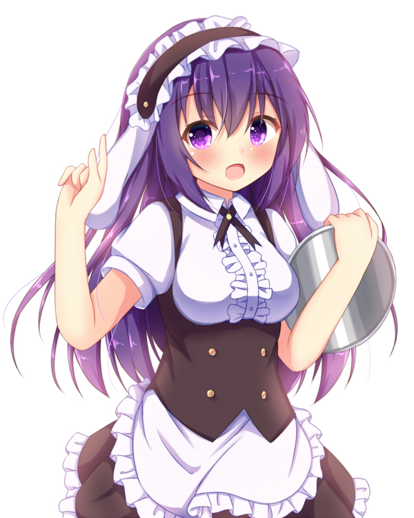 1girl :d animal_ears apron bangs black_hairband black_skirt blush breasts bunny_ears center_frills commentary_request eyebrows_visible_through_hair fleur_de_lapin_uniform frilled_apron frilled_hairband frilled_skirt frills gochuumon_wa_usagi_desu_ka? hair_between_eyes hairband hand_up holding holding_tray kedama_(kedama_akaza) long_hair looking_at_viewer medium_breasts open_mouth puffy_short_sleeves puffy_sleeves purple_eyes purple_hair shirt short_sleeves simple_background skirt smile solo tedeza_rize tray underbust uniform very_long_hair waist_apron waitress white_apron white_background white_shirt