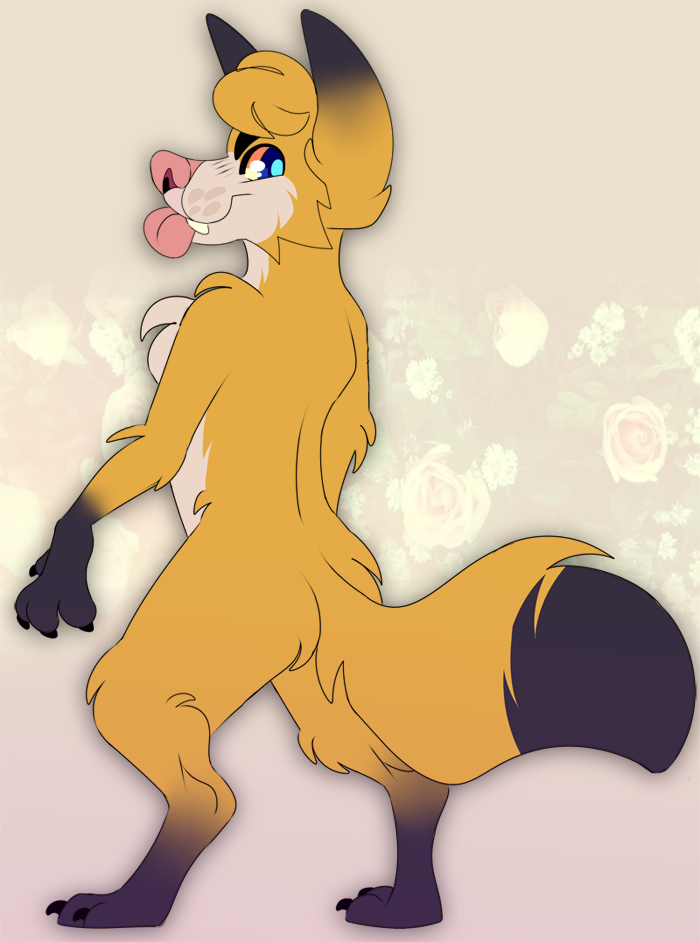 anthro black_body black_ears black_fur black_tail blep blue_eyes butt_tuft canid cheek_tuft chest_tuft dipstick_tail elbow_tuft facial_tuft floral_background fur glistening glistening_eyes gloves_(marking) gradient_fur hair leg_markings leg_tuft male mammal markings nude orange_body orange_ears orange_fur orange_hair orange_tail pink_nose pink_tongue princelykaden shoulder_tuft socks_(marking) solo standing tail_markings tan_body tan_fur three-quarter_view tongue tongue_out tuft