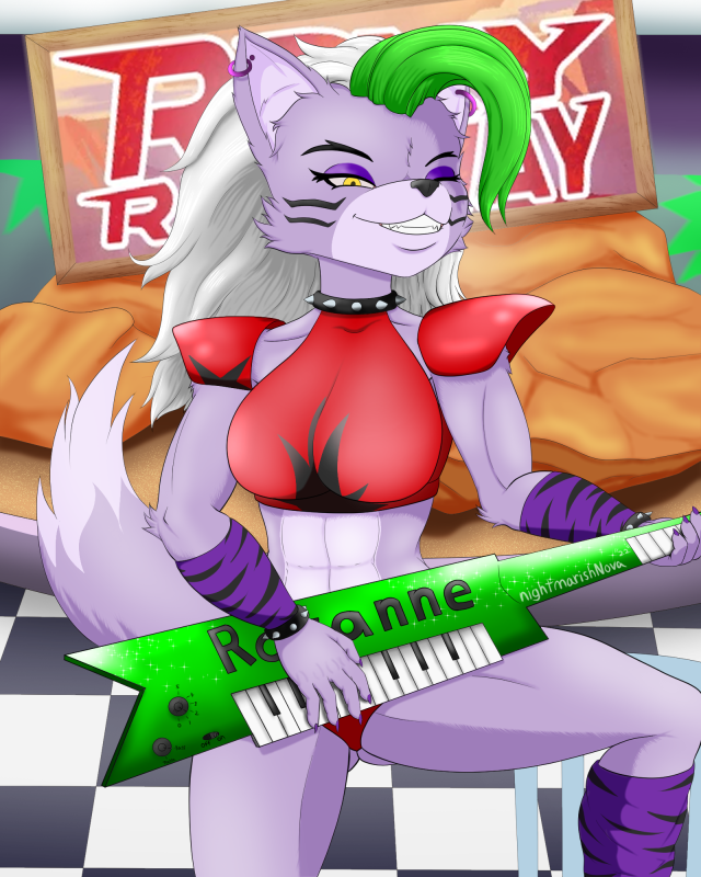 anthro canid canine canis clothed clothing ear_piercing ear_ring female five_nights_at_freddy's five_nights_at_freddy's:_security_breach fur keyboard_instrument mammal musical_instrument nightmarishnova piercing ring_piercing roxanne_wolf_(fnaf) scottgames smile solo standing video_games wolf