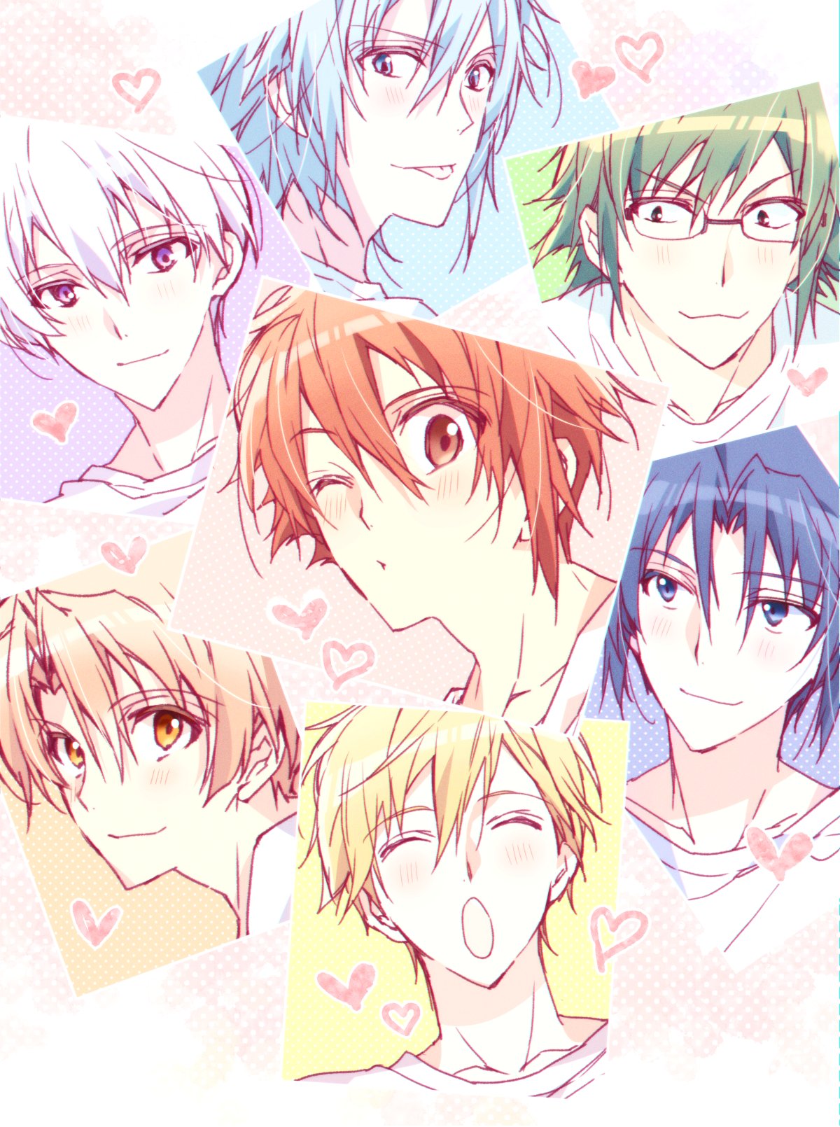 6+boys black_hair blonde_hair blue_eyes blue_hair blush glasses green_hair heart highres idolish_7 izumi_iori izumi_mitsuki looking_at_viewer male_focus multiple_boys nanase_riku nikaido_yamato open_mouth orange_hair osaka_sougo purple_eyes red_eyes red_hair rokuya_nagi short_hair smile tanemura_arina white_hair yotsuba_tamaki