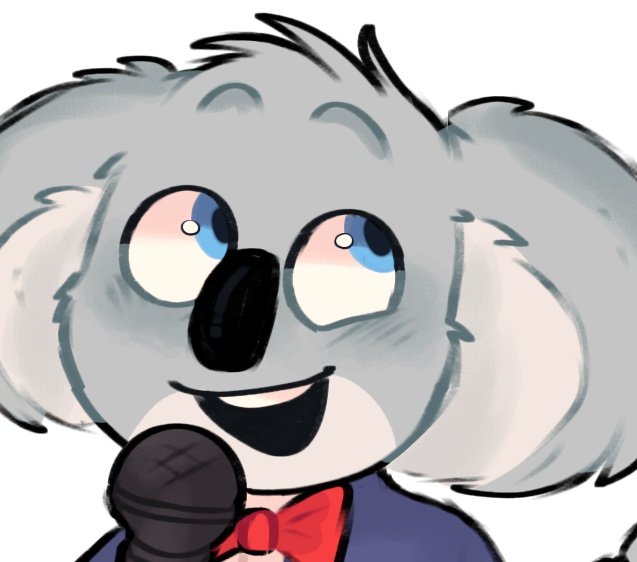 annie_creams anthro blue_eyes bow_tie buster_moon clothed clothing eyebrows fully_clothed illumination_entertainment koala male mammal marsupial microphone portrait raised_eyebrows simple_background sing_(movie) solo suit vombatiform