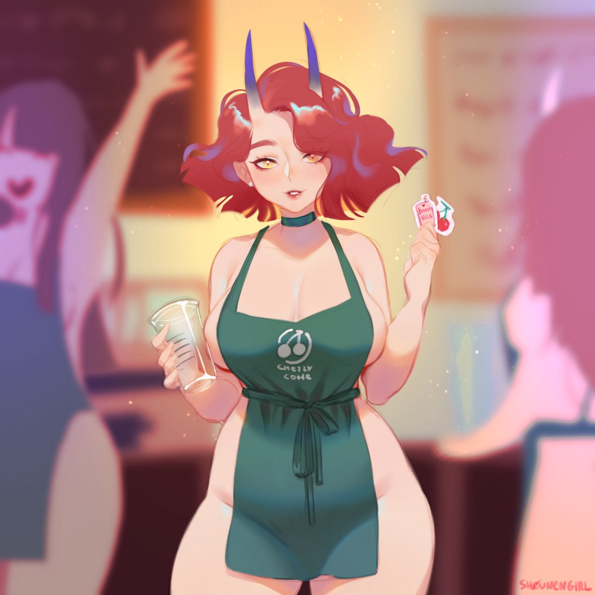 3girls apron barista blurry blurry_background breasts cherry choker cleavage clothes_writing commentary_request cowboy_shot cup disposable_cup earrings food fruit gradient_horns green_apron groin hands_up highres holding holding_cup horns iced_latte_with_breast_milk_(meme) jewelry large_breasts light_particles light_smile lipstick long_hair looking_at_viewer makeup meme multicolored_horns multiple_girls naked_apron original parted_lips purple_horns red_hair red_lips sash short_hair shounen_girl skin-covered_horns solo_focus starbucks stud_earrings transparent w_arms wavy_hair