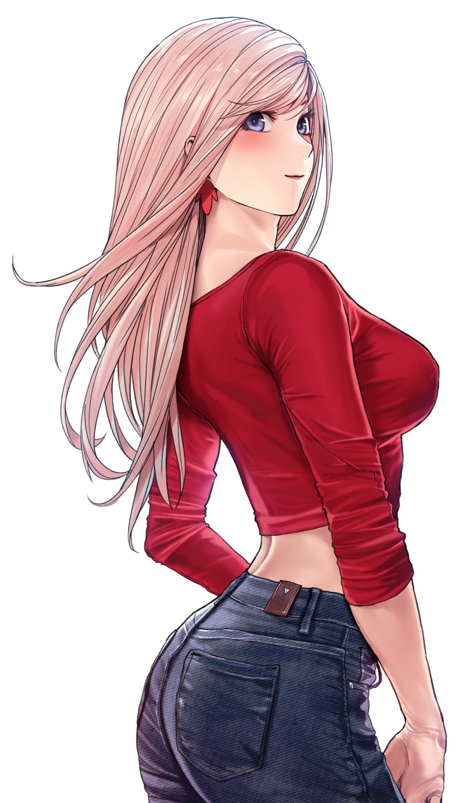 1girl applekun arched_back blue_panties blush breasts denim earrings fate/grand_order fate_(series) feather_earrings feathers hair_blowing highres jeans jewelry lipstick long_hair long_sleeves looking_at_viewer looking_back makeup medium_breasts miyamoto_musashi_(fate) panties pants pink_hair purple_eyes red_shirt shirt simple_background sleeves_rolled_up smile solo underwear white_background