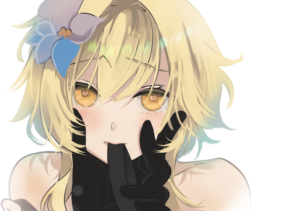 1girl bangs bare_shoulders black_gloves blonde_hair blush feathers flower genshin_impact gloves grabbing_another's_chin hair_flower hair_ornament hand_on_another's_chin heart heart-shaped_pupils long_hair looking_at_viewer lumine_(genshin_impact) mouth_hold out_of_frame portrait pov pov_hands simple_background solo_focus symbol-shaped_pupils tarou_(you-0512) white_background yellow_eyes