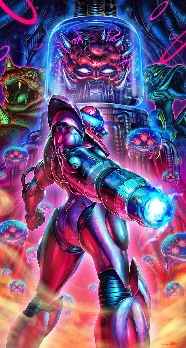 1girl alternate_design arm_cannon clenched_hand fangs helmet highres kraid looking_at_viewer metroid metroid_(classic) metroid_(creature) mother_brain opaque_helmet power_suit power_suit_(metroid) ridley samus_aran weapon yasukuni_kazumasa