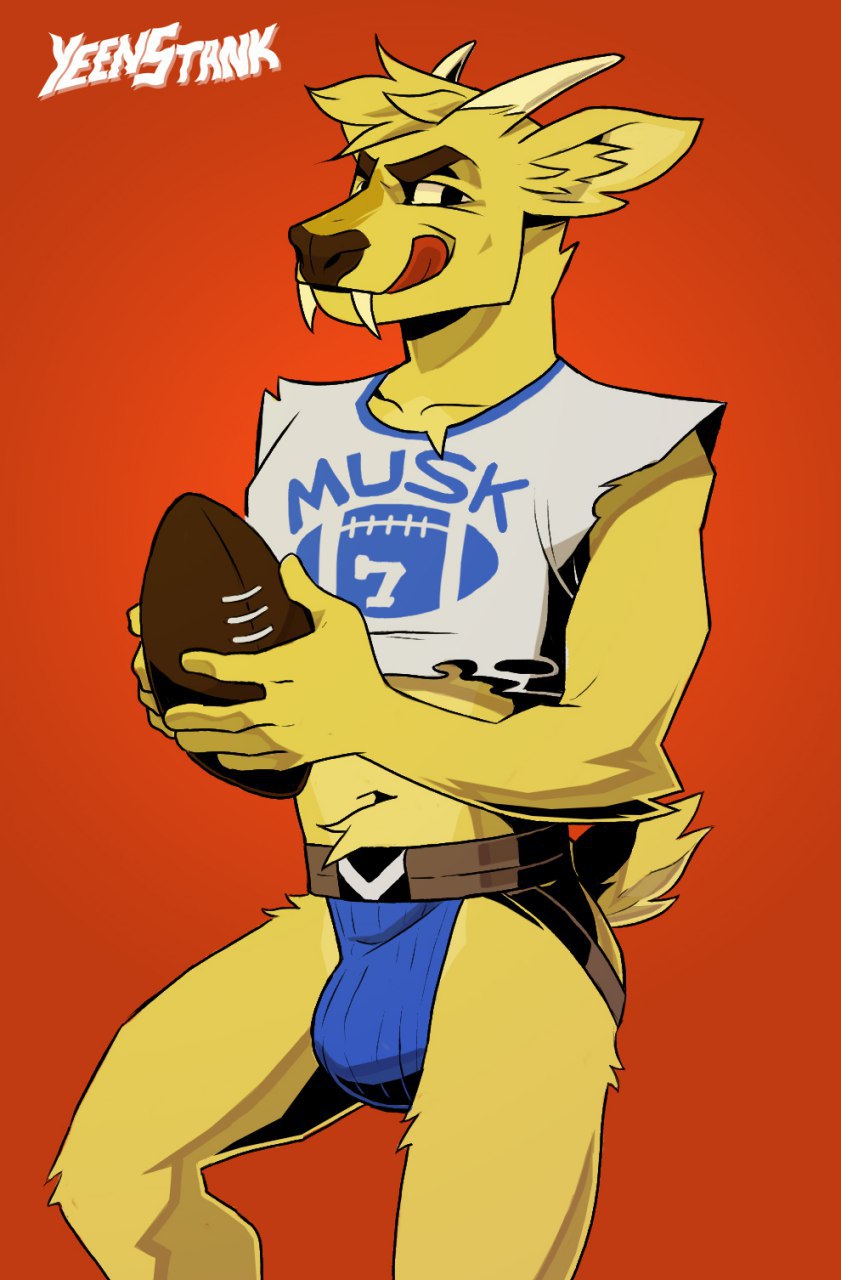 american_football anthro ball cervid cervine clothing crop_top dj_strap fangs football_(ball) fur hi_res horn jockstrap licking licking_lips male mammal midriff muntjac shirt solo sport text text_on_clothing text_on_topwear tongue tongue_out topwear underwear yeenstank yellow_body yellow_fur