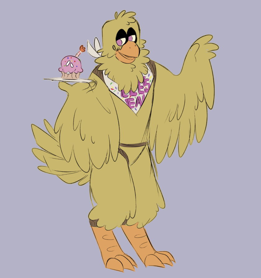 2021 ambiguous_gender animatronic anthro avian beak bib bird buckteeth chica_(fnaf) chicken claws colored cupcake cupcake_(fnaf) digital_drawing_(artwork) digital_media_(artwork) digitigrade duo feathered_arms feathered_wings feathers female feral five_nights_at_freddy's food food_creature galliform gallus_(genus) holding_food holding_object holding_plate holding_weapon looking_at_another machine mostly_nude open_beak open_mouth open_smile phasianid pink_eyes robot scottgames sharp_claws skkortysoup smile tail_feathers teeth video_games weapon wings yellow_body yellow_feathers