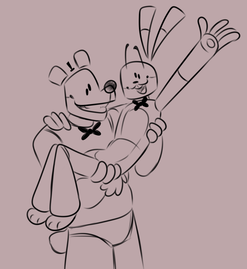 2021 animatronic anthro bow_tie buckteeth carrying clothing duo five_nights_at_freddy's five_nights_at_freddy's_4 fredbear_(fnaf) gesture hat headgear headwear holding_partner lagomorph leporid looking_at_another looking_at_viewer machine male male/male mammal open_mouth pawpads rabbit robot scottgames scut_tail short_tail size_difference sketch skkortysoup smile spring_bonnie_(fnaf) teeth ursid video_games wave waving