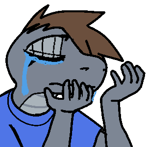 amon_(atrolux) anthro atrolux blue_clothing blue_shirt blue_topwear bodily_fluids brown_hair clothing crying hair hands_in_air holding_up_hands low_res male pit_viper rattlesnake reaction_image reptile sad scalie shirt snake solo tears topwear viper