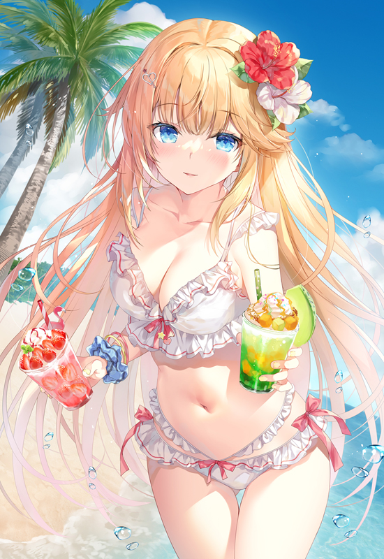 1girl ass_visible_through_thighs bangle bare_shoulders beach bikini blonde_hair blue_eyes bracelet breasts cleavage collarbone commentary_request cowboy_shot cup day drinking_glass frilled_bikini frills holding jewelry long_hair looking_at_viewer medium_breasts miwabe_sakura navel original outdoors parted_lips scrunchie smile solo standing stomach string_bikini sunlight swimsuit thigh_gap thighs tropical_drink very_long_hair white_bikini wrist_scrunchie