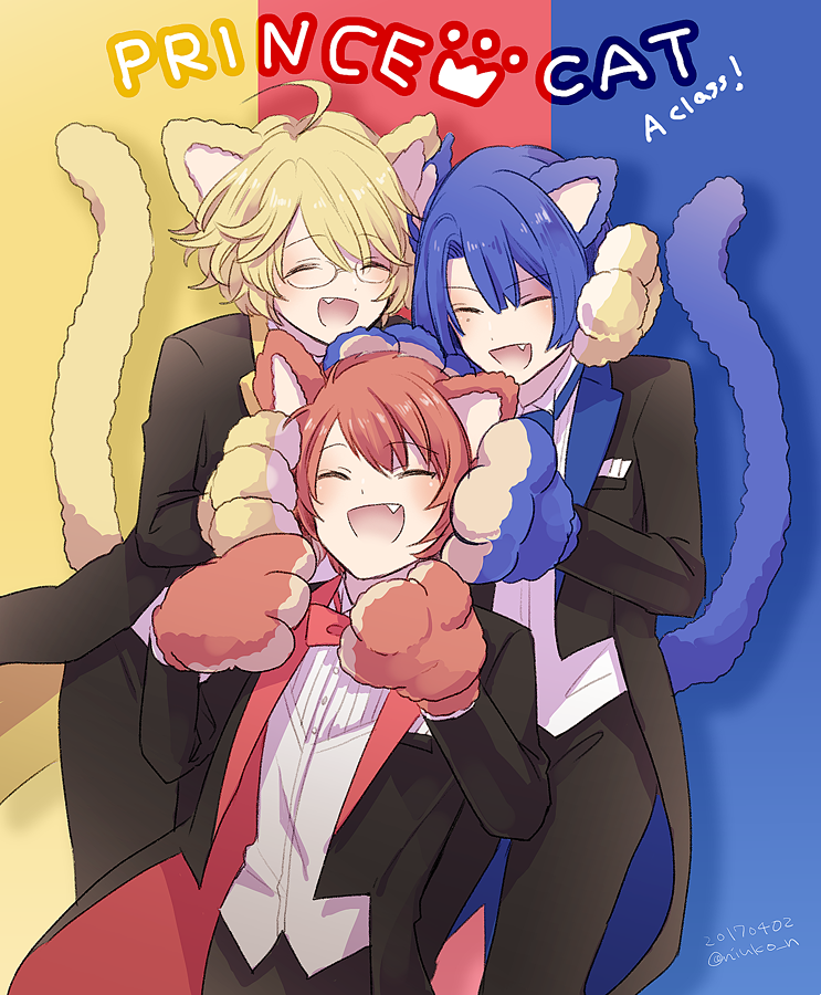 3boys :d ^_^ ahoge animal_ears animal_hands bangs black_jacket black_pants blonde_hair blue_bow blue_bowtie blue_hair bow bowtie cat_boy cat_ears cat_tail closed_eyes cowboy_shot dress_shirt english_text facing_viewer fang glasses gloves hair_between_eyes hand_on_another's_face hands_on_another's_head hijirikawa_masato ittoki_otoya jacket male_focus mole mole_under_eye multicolored_background multiple_boys pants paw_gloves pelee pocket_square red_bow red_bowtie red_hair shinomiya_natsuki shirt short_hair smile swept_bangs tail tailcoat upper_body uta_no_prince-sama white_shirt