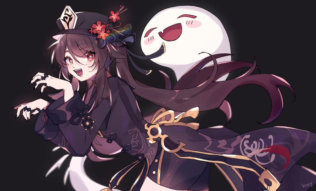 1girl black_nails black_shorts blush brown_hair chinese_clothes claw_pose coat coattails english_commentary flower flower-shaped_pupils genshin_impact ghost hat hat_ornament himey hu_tao_(genshin_impact) jewelry long_hair long_sleeves looking_at_viewer multiple_rings open_mouth plum_blossoms porkpie_hat red_eyes ring shorts simple_background symbol-shaped_pupils