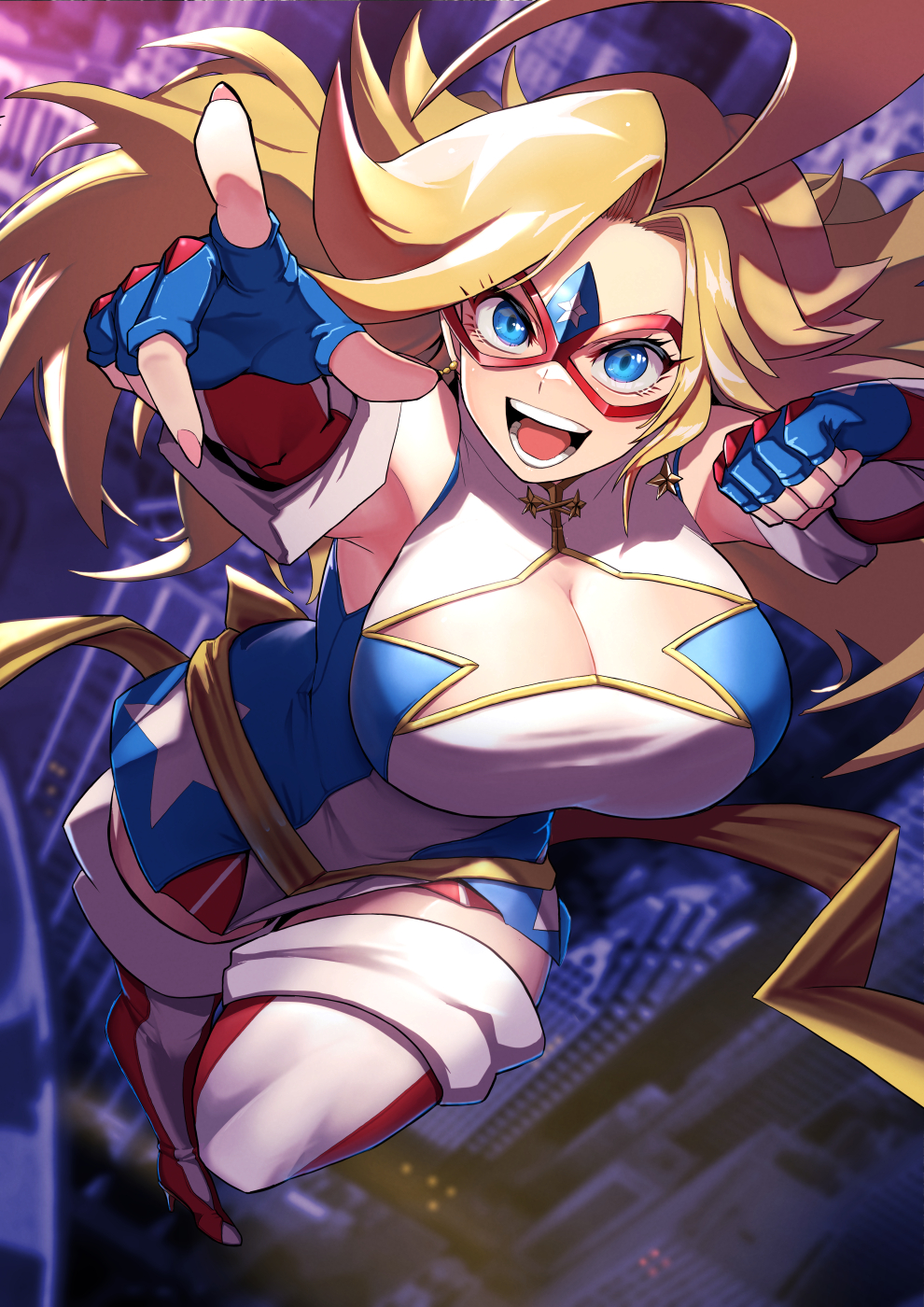 1girl ahoge american_flag american_flag_print bangs bare_shoulders blonde_hair blue_eyes boots breasts cityscape cleavage cleavage_cutout clothing_cutout dress earrings eye_mask fingerless_gloves flag_print flying forehead from_above fujioka_yatsufusa gloves high_heel_boots high_heels highres jewelry kamen_america kamen_america_(comic) large_breasts long_hair looking_up open_mouth parted_bangs patriotism pink_nails pointing sash short_dress sleeveless sleeveless_dress smile solo star_(symbol) star_cutout star_earrings striped striped_footwear superhero teeth thigh_boots upturned_eyes vertical-striped_footwear yellow_sash zettai_ryouiki