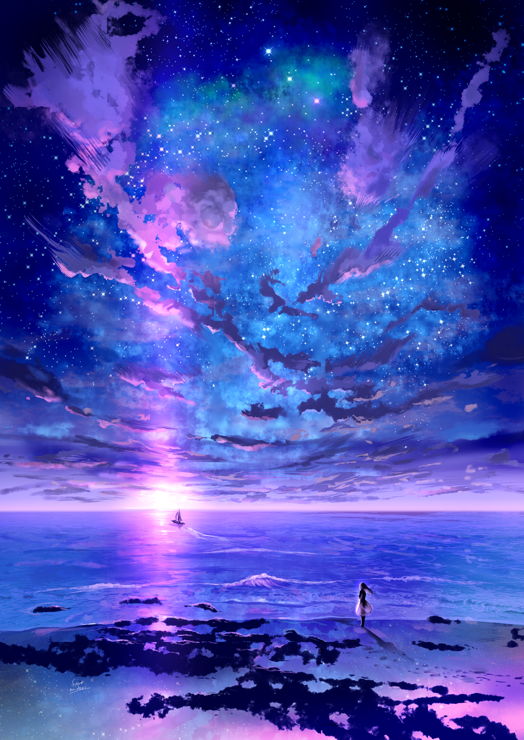 1girl artist_name banned_artist beach boat cloud highres horizon midori_foo original scenery sky star_(sky) starry_sky watercraft