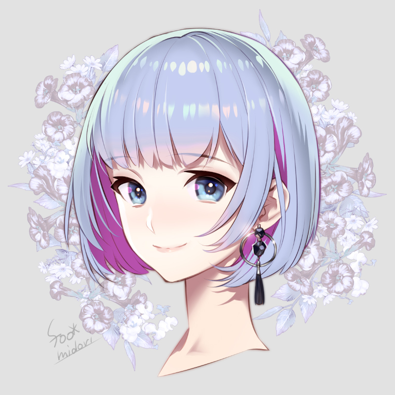 artist_name bangs banned_artist blue_eyes blue_hair closed_mouth colored_inner_hair cropped_shoulders earrings floral_background grey_background jewelry looking_at_viewer midori_foo multicolored_hair original pink_hair short_hair smile