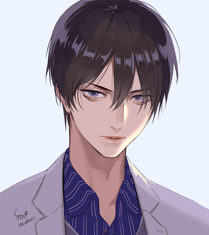 1boy artist_name bangs banned_artist blue_background blue_skirt brown_hair collared_shirt grey_eyes jacket looking_at_viewer male_focus midori_foo original parted_lips portrait shirt short_hair skirt solo white_jacket