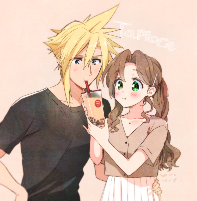 1boy 1girl aerith_gainsborough alternate_costume bangs black_shirt blonde_hair blue_eyes blush brown_hair brown_shirt bubble_tea buttons chewing cloud_strife couple cup disposable_cup drinking drinking_straw earrings english_text final_fantasy final_fantasy_vii final_fantasy_vii_remake green_eyes hair_behind_ear hair_between_eyes hair_ornament hairclip hand_on_another's_hip hand_on_hip hetero holding holding_cup jewelry krudears necklace parted_bangs ponytail shirt sidelocks skirt spiked_hair t-shirt upper_body wavy_hair white_skirt