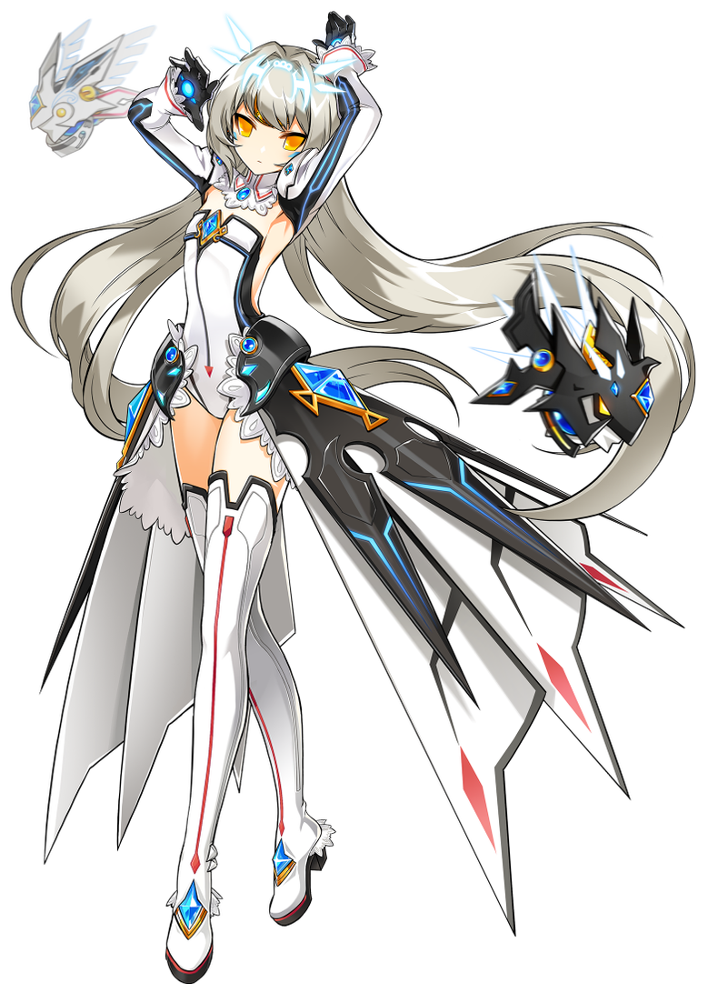 1girl artist_request boots code:_battle_seraph_(elsword) elsword eve_(elsword) expressionless full_body gem gloves leotard long_hair looking_at_viewer mecha_musume moby_(elsword) official_art open_clothes open_skirt remy_(elsword) showgirl_skirt simple_background skirt solo thigh_boots transparent_background very_long_hair yellow_eyes