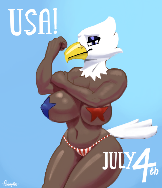 4th_of_july accipitrid accipitriform anthro avian avioylin beak big_breasts bird breasts celebration eagle female makeup mature_anthro mature_female muscular nipple_outline pasties patriotism pinup politics pose simple_background solo