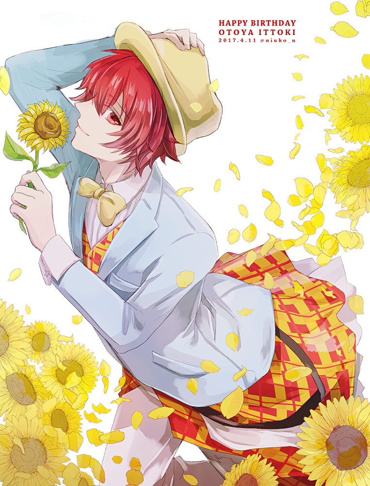 1boy blue_jacket bow bowtie character_name clothes_around_waist collared_shirt cowboy_shot dated fedora flower hair_between_eyes hand_on_headwear happy_birthday hat holding holding_flower ittoki_otoya jacket looking_at_viewer male_focus pants patterned_clothing pelee petals red_eyes red_hair shirt short_hair sideways_glance smile solo suit_jacket sunflower traditional_bowtie twitter_username uta_no_prince-sama vest white_pants white_shirt yellow_bow yellow_bowtie yellow_headwear yellow_vest