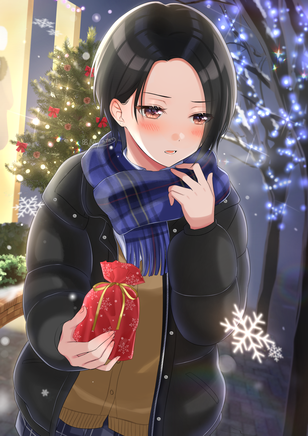 1girl black_hair black_jacket blue_scarf blue_skirt blush brown_cardigan brown_eyes cardigan christmas christmas_tree commentary_request forehead gift highres holding holding_gift jacket long_sleeves night niwata0 open_clothes open_jacket original outdoors plaid plaid_scarf plaid_skirt scarf school_uniform short_hair skirt solo
