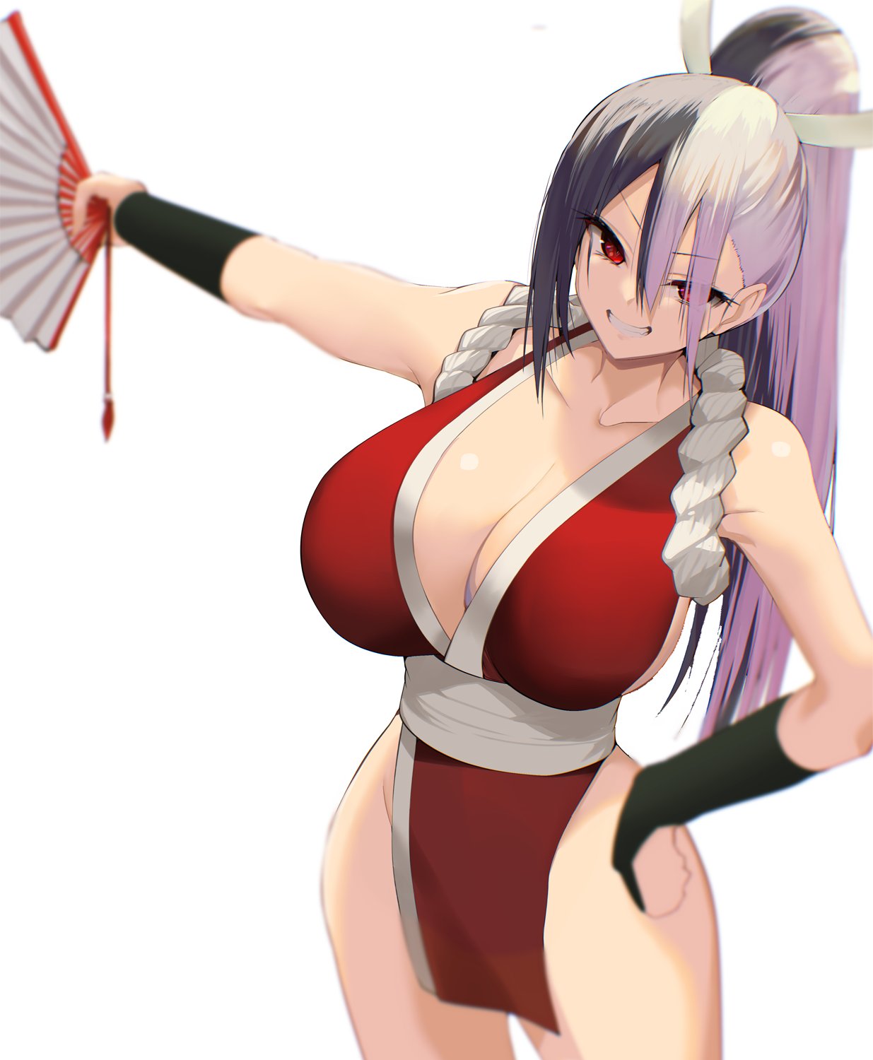1girl black_hair breasts cleavage cosplay folding_fan grin hand_fan hand_on_hip high_ponytail highres holding holding_fan indie_virtual_youtuber japanese_clothes large_breasts long_hair looking_at_viewer multicolored_hair ninja pelvic_curtain red_eyes revealing_clothes rope satou_daiji shiranui_mai shiranui_mai_(cosplay) smile solo the_king_of_fighters towa_(towa_akqj10) virtual_youtuber